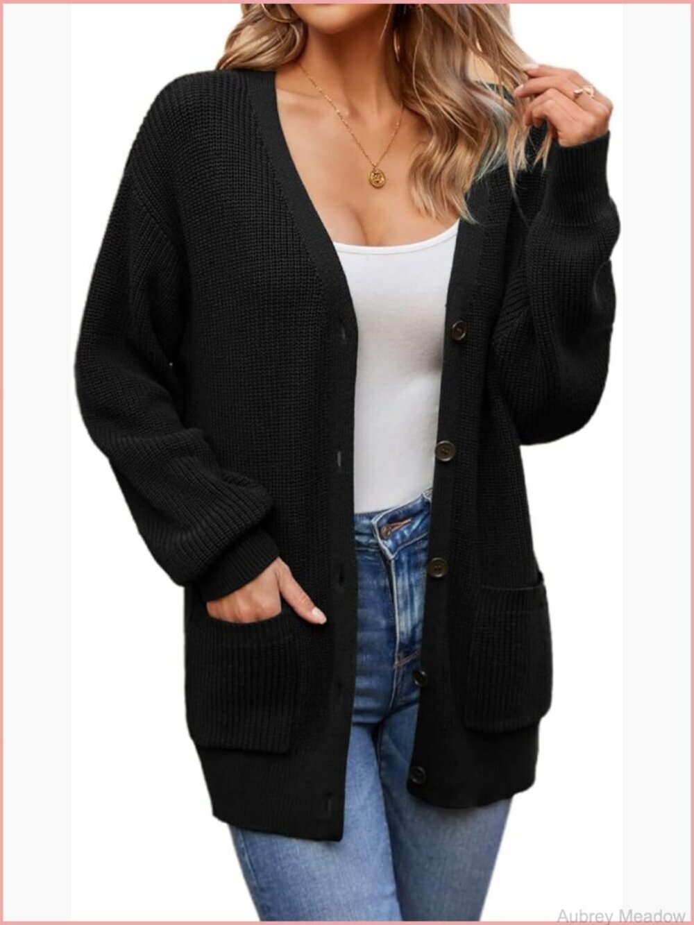 100% Cotton Oversized Cardigan with Pockets V-Neck Button Down